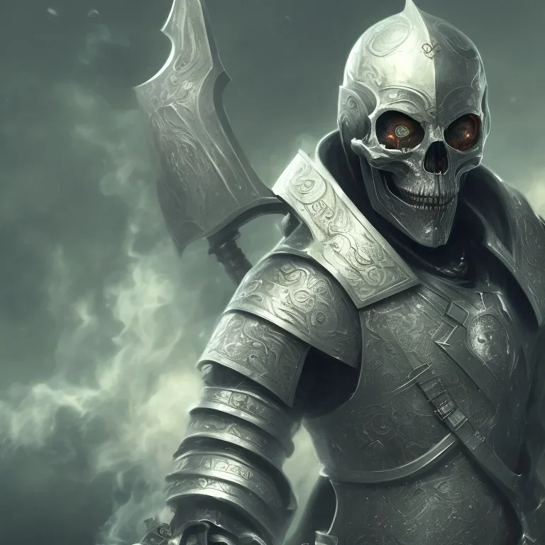 Skull headed knight with armor, wearing high tech mask, Portrait head and shoulders, smoke, realistic, 8K, High Definition, Centered