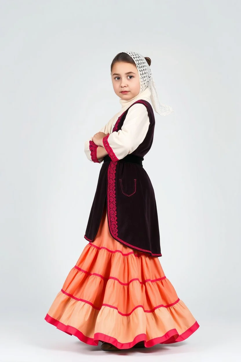 full body 7years old girl ,simple background, full body of very pretty little girl in azeri dance wearing A underdress or shirt, often made of silk,A fitted, often velvet or brocade, jacket worn over the shirt.Wide, bell-shaped skirts are worn, often long and layered to create beautiful movements while dancing, with a long lace scarf at back of her head,in relax pose looking at camera.