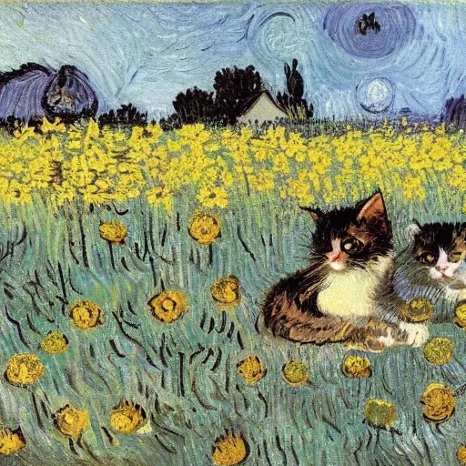 Portrait of kittens in a field of flowers at night by Van Gogh