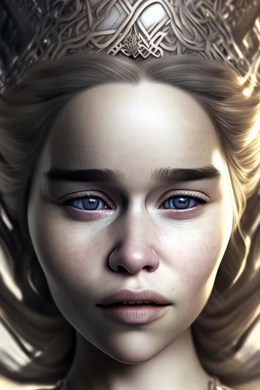 perfect emilia clarke face, wearing viking, intricate, fullbody, highly detailed face, highly realistic particles, fog, fire