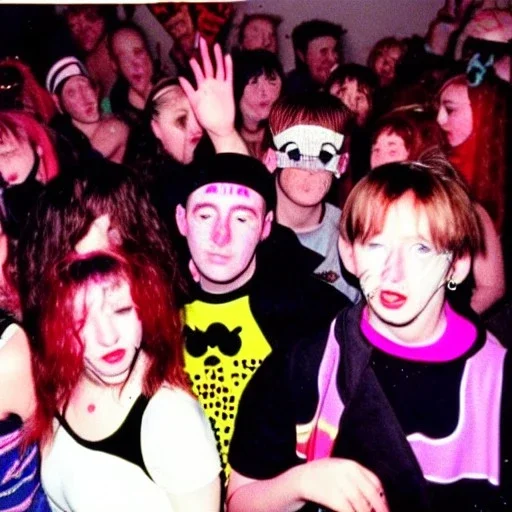 Old photo of 1990s rave with sooty and cats