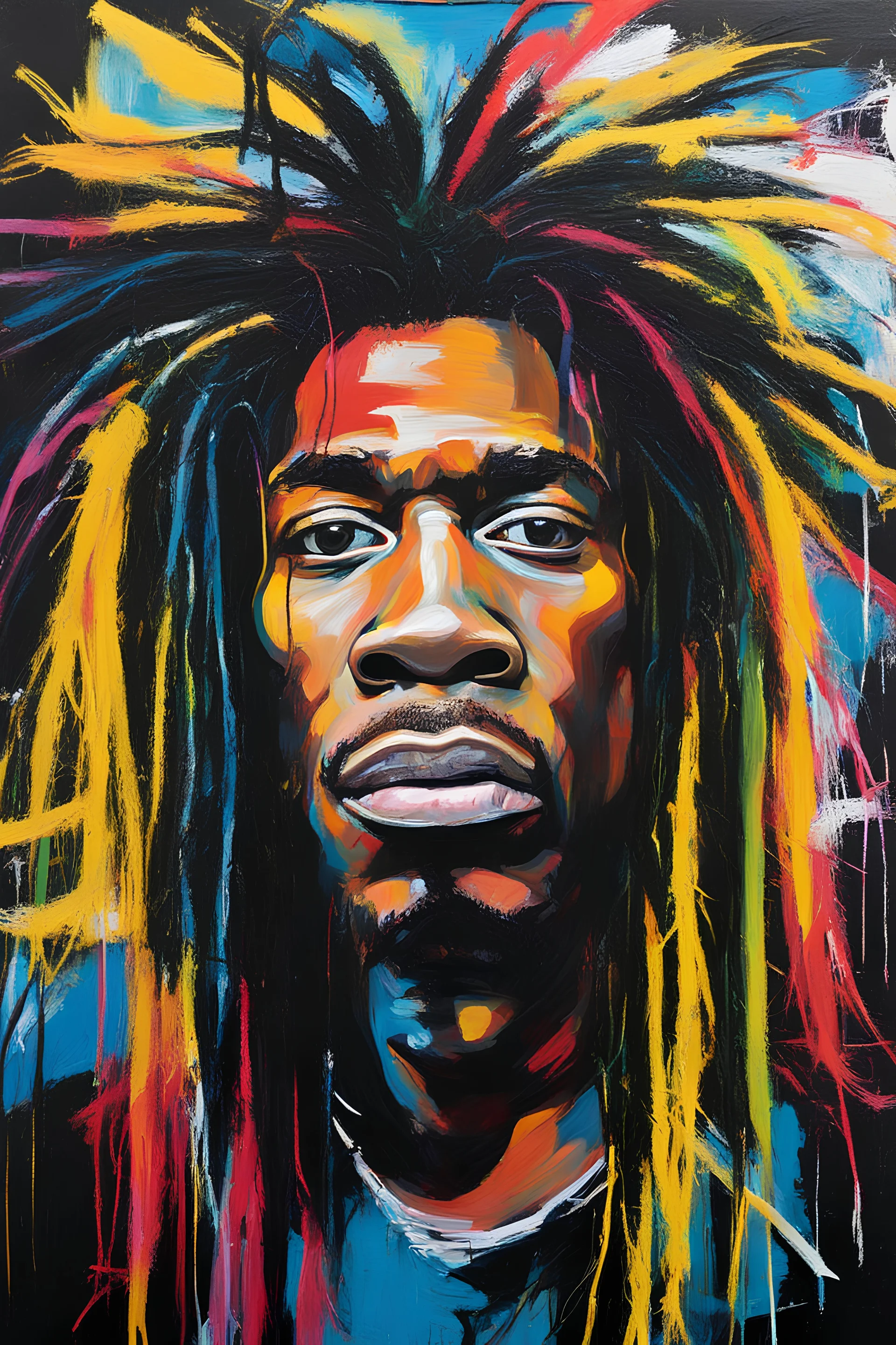An (abstract) oil and acrylic portrait painting of (Jean michel basquiat), close-up, long dreadlocks, bizarre, caricature, whimsical, bold brush strokes, oil stick, white crayon outlines, black grunge background, colourful marker pen, (neo-expressionism, pop art surrealism),rich colour palettequirky, expressive lines, graffiti street art style, by basquiat and Andy Warhol and max Ernst, cgsociety, insanely detailed, offset noise, impasto, acrylic paint splatter, intense look, focused,
