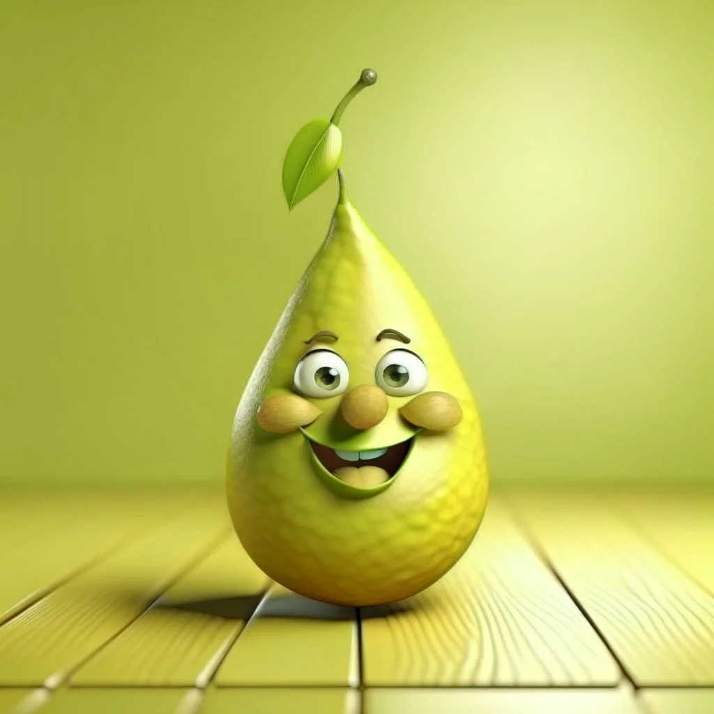 A pear in the shape of a funny, laughing cartoon character dressed as a young man, an equilateral square character