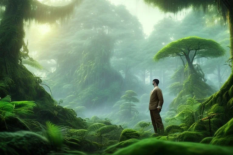 Man in Japanese clothes looking at jungle while it's winter , concept art, smooth, extremely sharp detail, finely tuned detail, ultra high definition, 8 k, unreal engine 5, ultra sharp focus, illustration, magic ambient