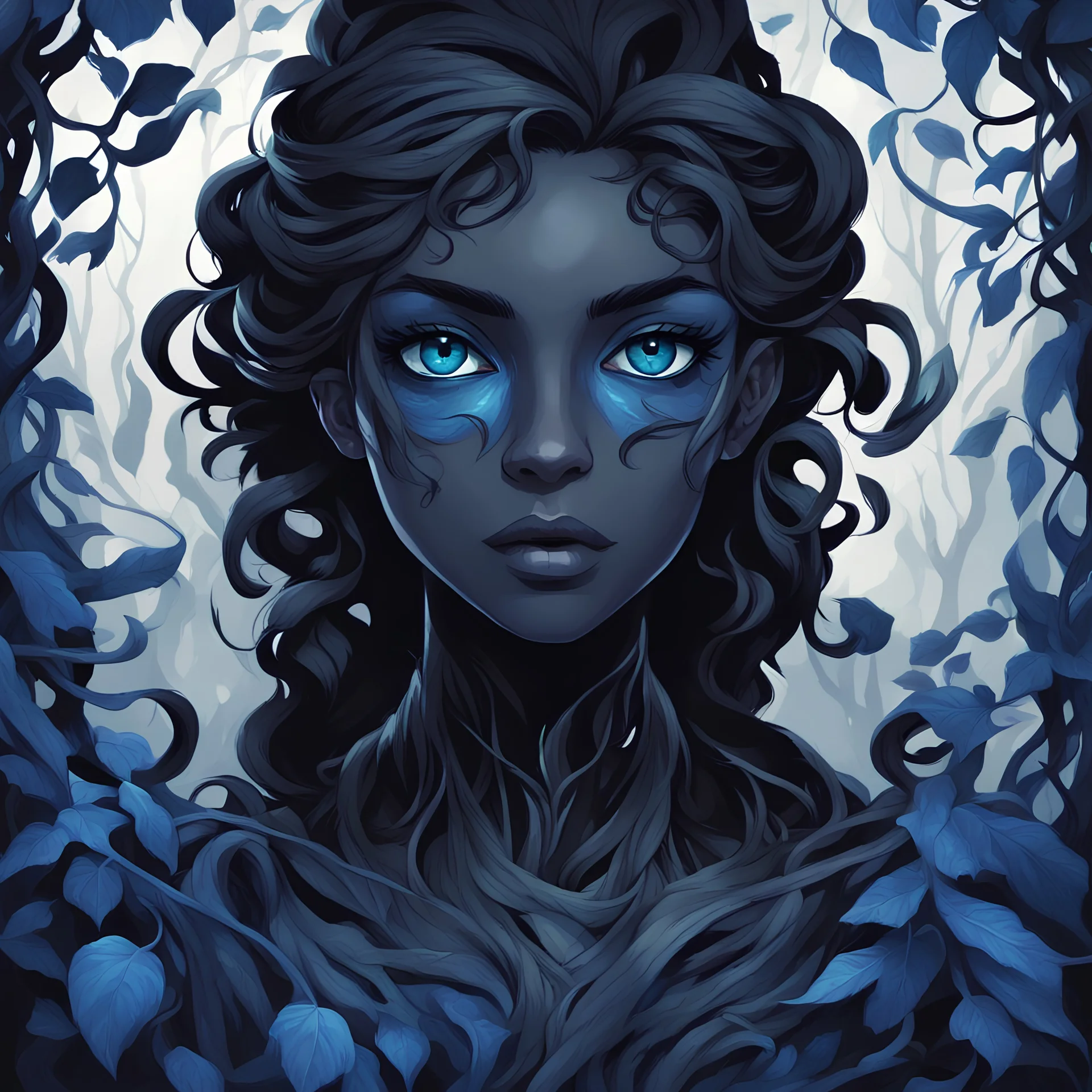 Ebony darkness with wide staring eyes wrapped in blue vines, in card art style