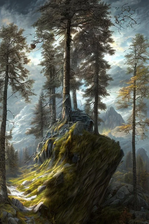 photorealism create a steep rocky mountain reaching into the clouds