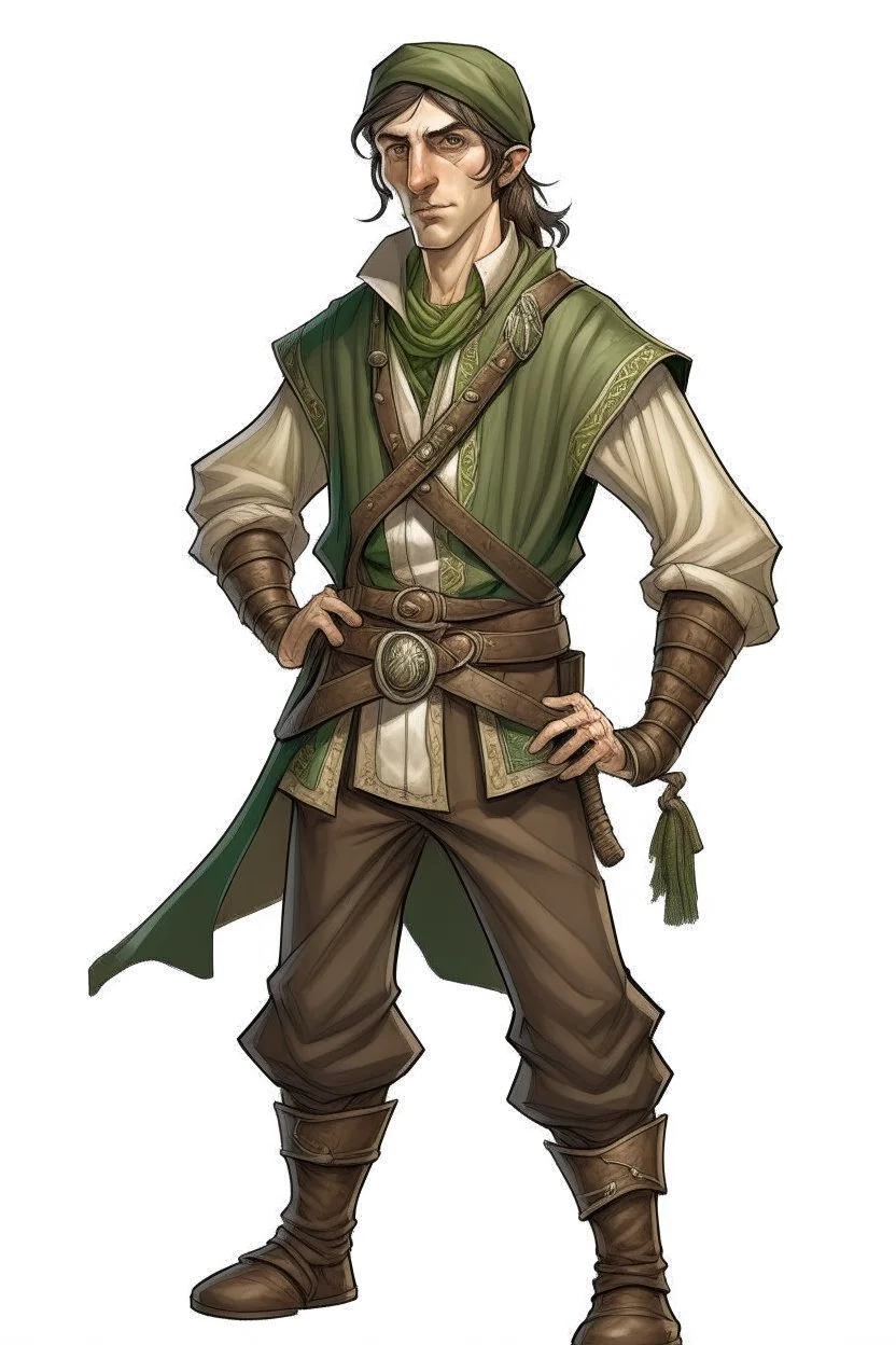 elf male on his thirties ranger wearing medieval clothes with hands behind his back