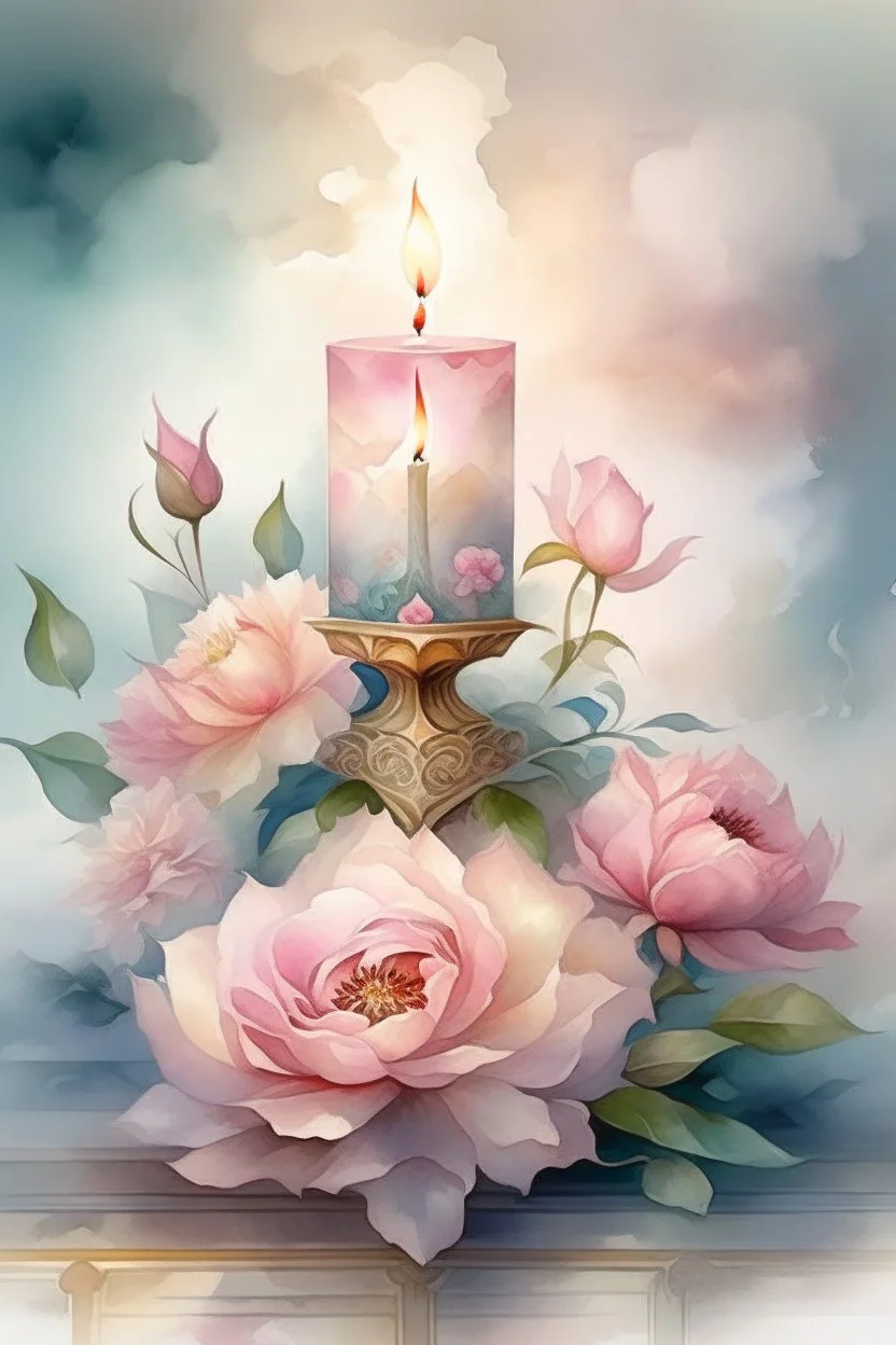 MAGIC A PYRAMID CANDLE IS BURNING AROUND WONDERFUL FLOWERS English watercolor, Smoky cream, pale gray, pale pink, pink background. bright light, a bouquet of roses on the table are pale pink, pale bordeaux, white, ochre. green stems, the light is translucent. Watercolor, fine ink drawing, peonies in an hourglass, elegant gold inlay, rich interior