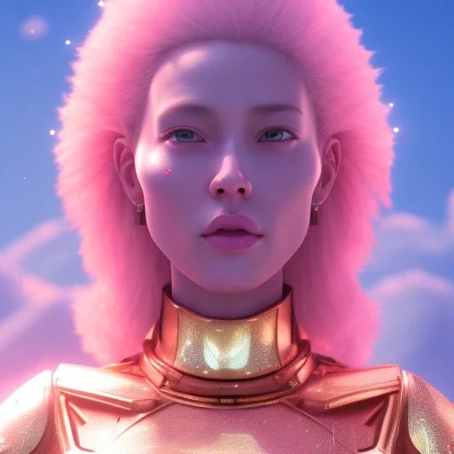 A portrait of a crystalised blue pink extraterrestrial, gold, sunny background, atmospheric, realistic, unreal engine, 8k. Cinematic lighting, octane render.