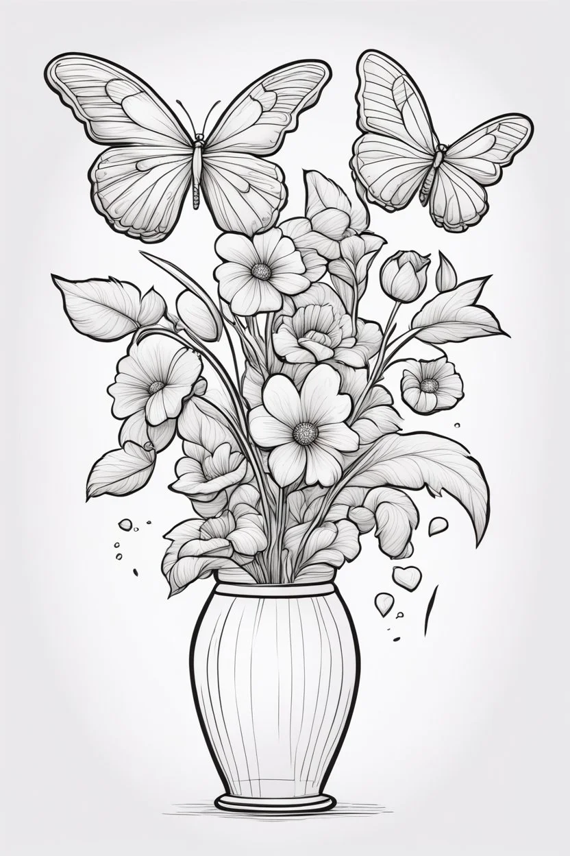 outline art for cute flower in vase with butterfly coloring pages with which, White background. sketch style, clean line art, white background, no shadow and clear