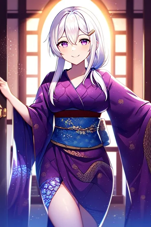 girl, masterpiece, best quality, cinematic lighting, detailed outfit, vibrant colors, perfect eyes, white hair, purple eyes, low ponytail, long hair, dragon pattern kimono, indoors, light rays, hairclip, smile,