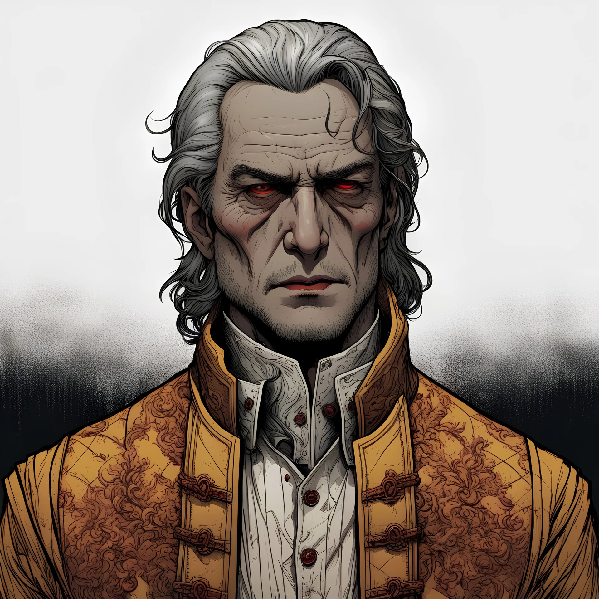 human, pale skin, graying hair, clean shaved, sunken bloodshot tired eyes, redish rhinophyma downturned nose, vampire like features, characteristic comic style