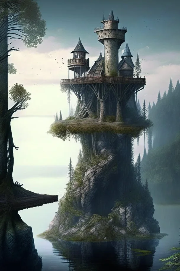 3-story Fantasy Gothic Tower with An Observation Platform, On A Rocky Island, In A Lake, In A Fantasy Woodland, with a bridge