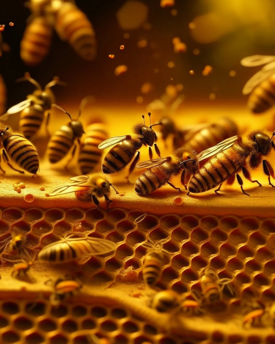 bees flutter over the hive, behind there is a honey yellow background and honeycombs