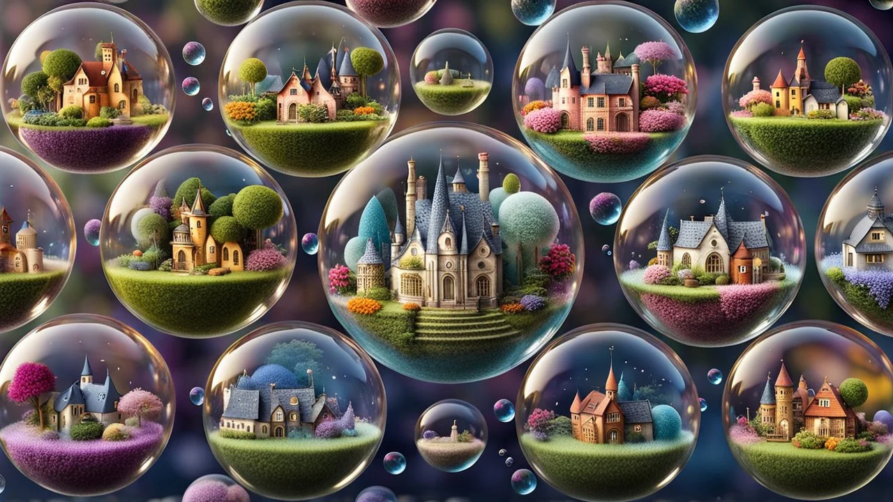 A stunning 3D render of miniature worlds, captured in floating transparent bubbles. Each bubble showcases a unique scene, such as quaint villages, mystic, gardens, tropical island, enchanting castles, alien palnet, or whimsical fairy-tale landscapes. The miniature towns with featuring quaint houses, markets, and charming residents. In the gardens colorful delicate flowers and lush greenery. The castles are majestic and grand, with towers, big gates. Unusual and captivating plants coexist with ma