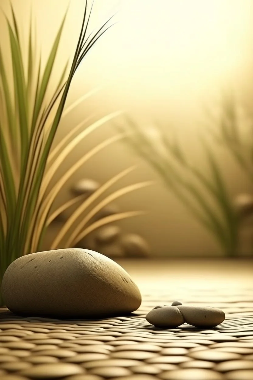 gentle shining background, spa stones and bamboo stem, sand in the background, silhouette of a girl with praying hands on the stones, photorealistic photo