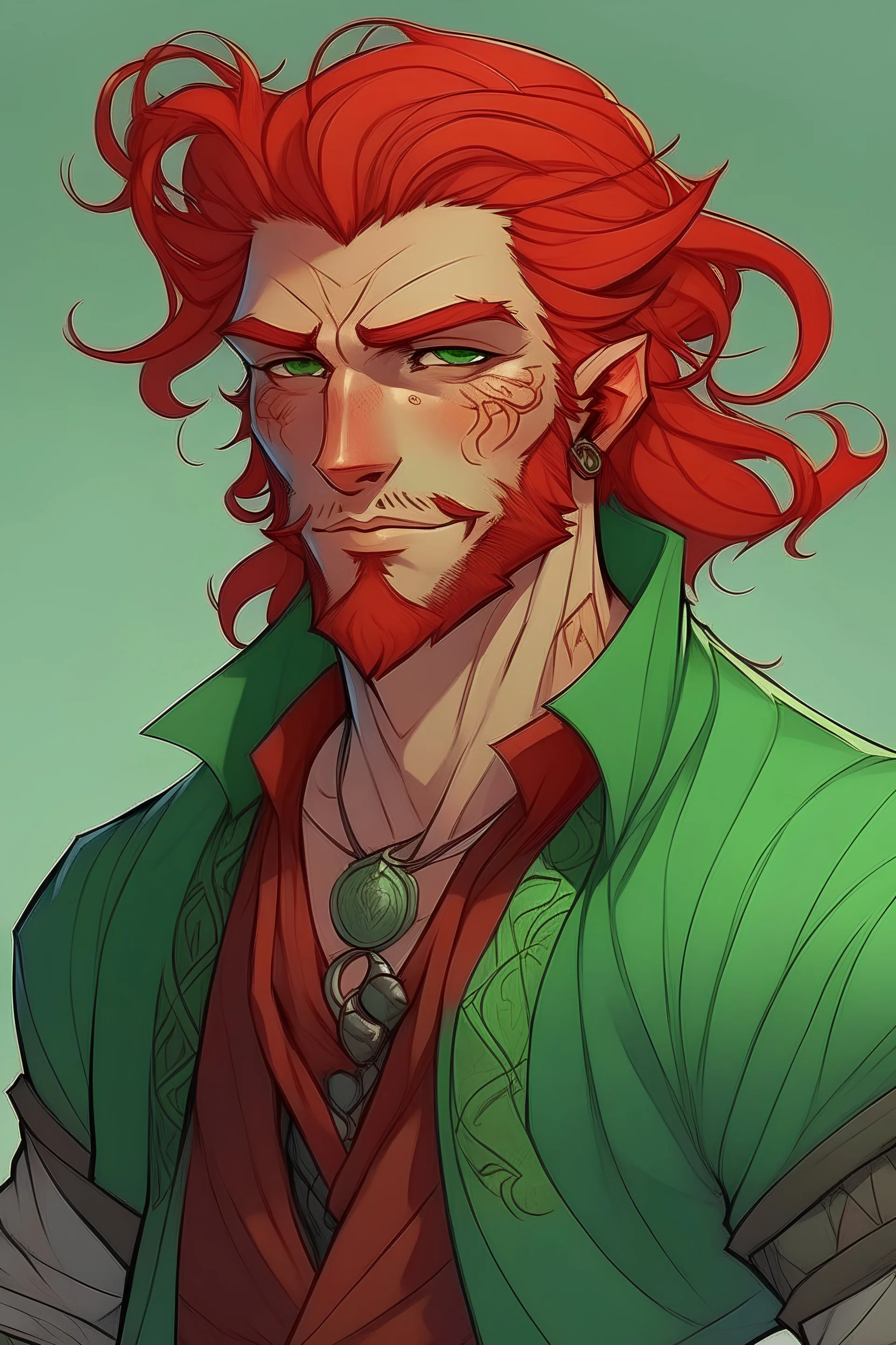 rugged red with green haired nereid male dnd