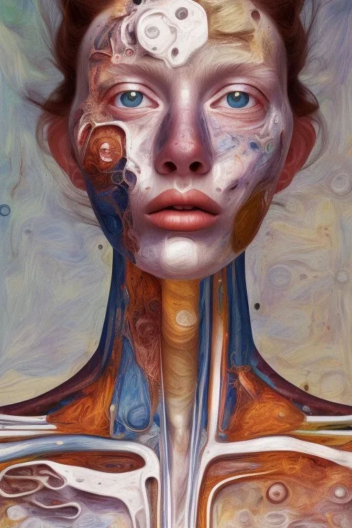 an abstract painting , by lucian freud, rust, mixed media, textured, anatomically correct, beautiful woman perfect face, skinny body, sharp focus, highly detailed