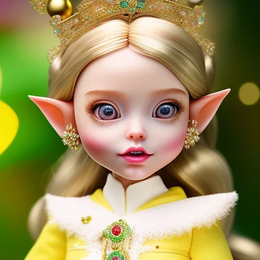 close up on elf as dollie deluxe, bright eyes, post card, toy train, front teeth, skin imperfection, princess tiara, cup of tea, toy dog, green and yellow