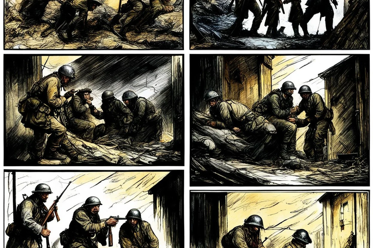 Masterpiece1:5)(Fineart), (award-winning:1.5), highest quality, war journalism, ink and colored pencil sketch of photocollage (by Gustave Doré, Jan Saudek:1.5),(Eastern Ukraine:(panel one:the moment after a battle ends, horrors of war, wounded men),(2nd panel, cinematic shot of men sitting in trench with 1000 yard stare (focus on their eyes:1.5)),(the third panel shows troops tired but hyper alert), (the fourth panel shows the sky is filled with incessant, fire and smoke everywhere,)