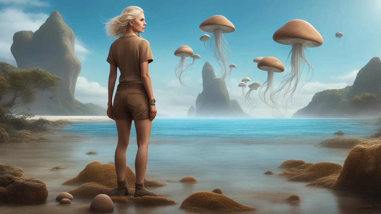 full body shot of a middle-aged, blond-haired woman in brown shorts and brown shirt, standing on a rock, on the shores of an alien world, with mushrooms with jellyfish tentacles floating in the air, photorealistic, Detailed Matte Painting, Deep Colour, Fantastical, Intricate Detail, sunshine, blue sky