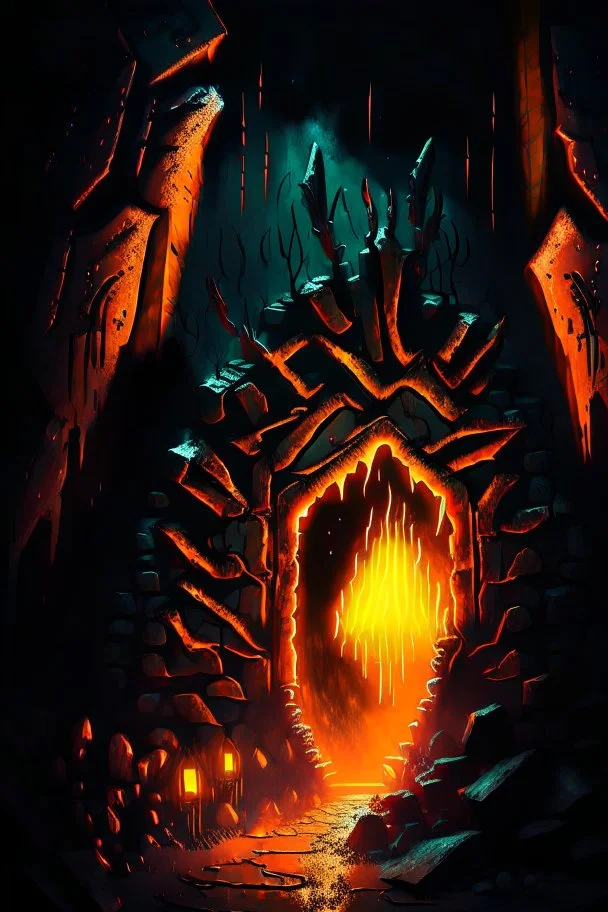 Orange Glowing spiked iron entrance to a scary mine at night fantasy rpg painterly art