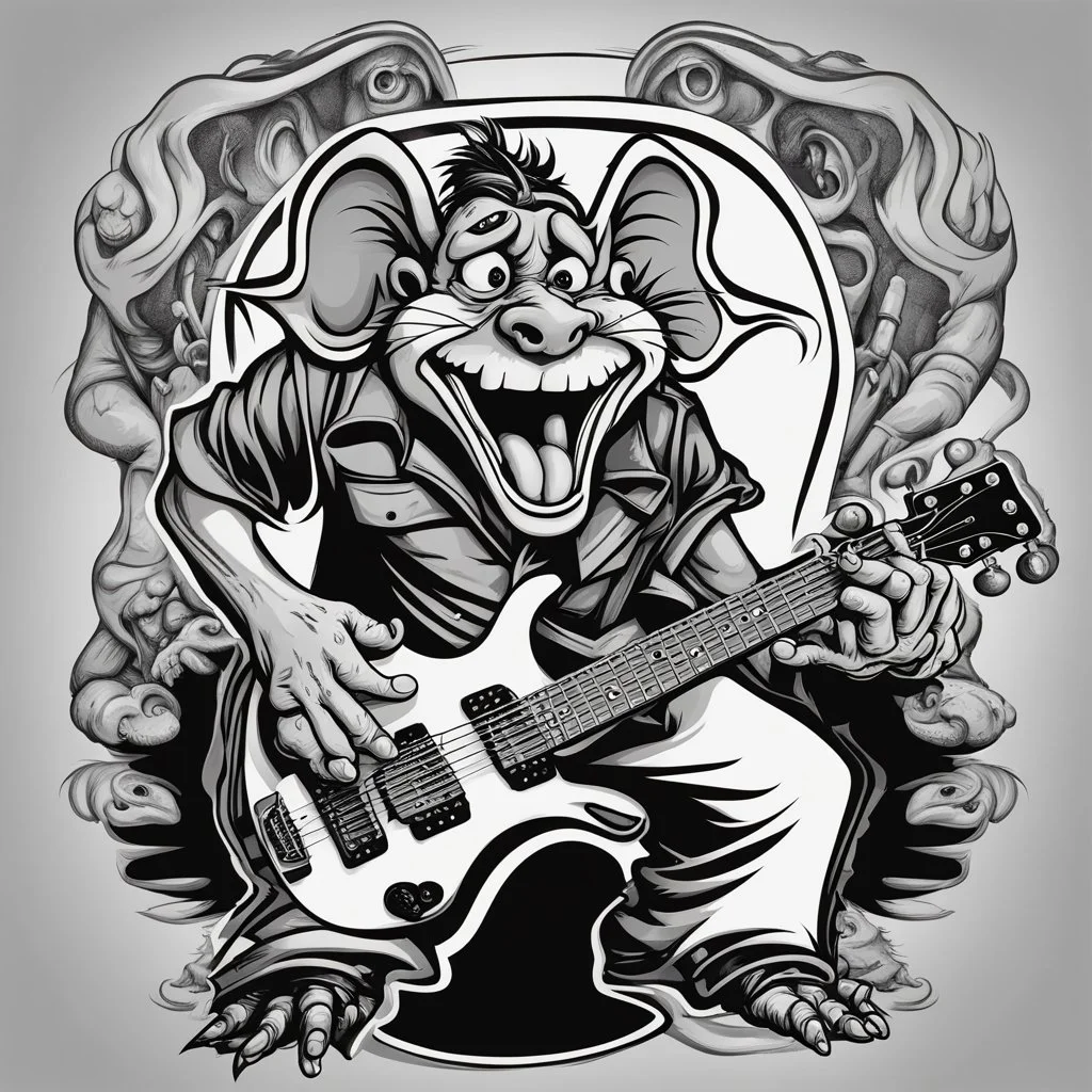 Heavy Metal 'Rat Fink' guitarist exaggerated caricature, by Ed "Big Daddy" Roth, crazy tshirt vector art.