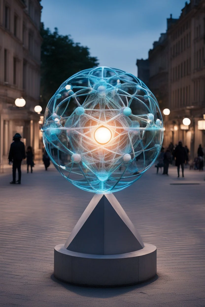 статуя на улице, Шар как атом/молекула: Сделать поверхность шара похожей на модель атома или молекулы, используя геометрические формы, светящиеся элементы или проекцию. . Для этого можно использовать различные геометрические формы, такие как круги, треугольники, шестиугольники и т. д., чтобы создать абстрактное изображение структуры атома или молекулы. Кроме того, возможно использование светящихся элементов, чтобы придать статуе особую магическую атмосферу и привлечь внимание прохожих ночью.