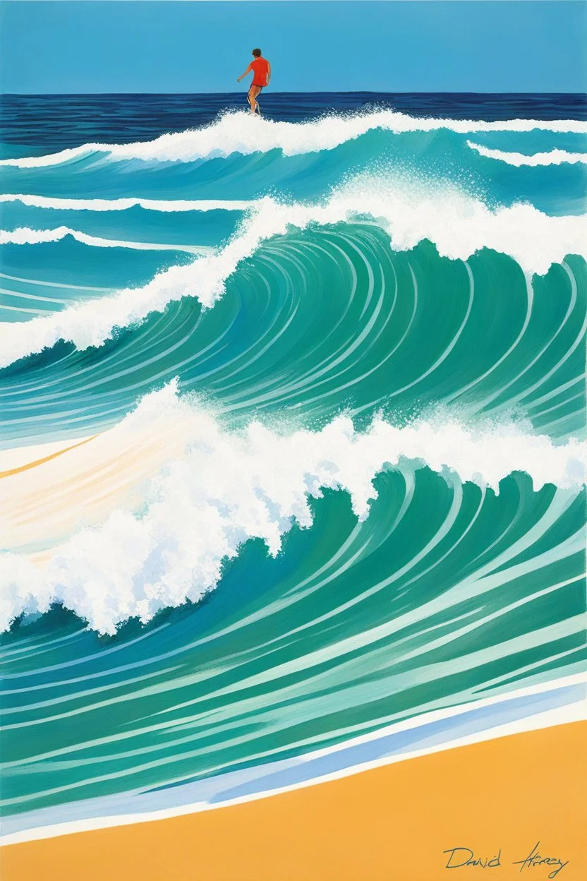 [surf illustration by David Hockney] À l’aube, je me lève, Vers La Piste, la planche sous le bras, Sur la vague, je me lève aussi, Une, deux, trois fois, je vole.