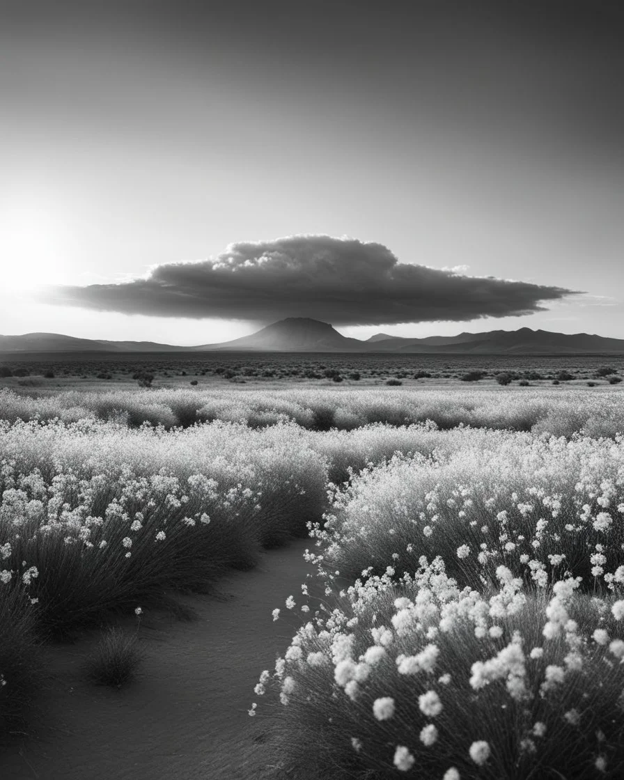 ULTRA REALISTIC, B&W Photograph, Atomic cloud made of WHITE FLOWERS, in the distance in the desert, at Golden Hour, cinematic, cinematic shot, dynamic composition, details, intricate detail, professional lighting, film lighting, 35mm, anamorphic, lightroom, cinematography, bokeh, lens flare, film grain, hdr10, 8k, Roger Deakins, incredibly detailed, reflect, sharpen