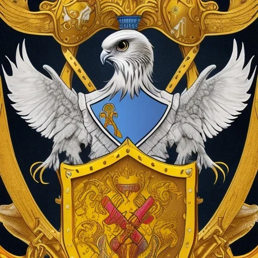 Fantasy setting, coat of arms with a kestrel holding a black anchor in its talons, encircled by a navy blue ring and a yellow half circle shape above it.