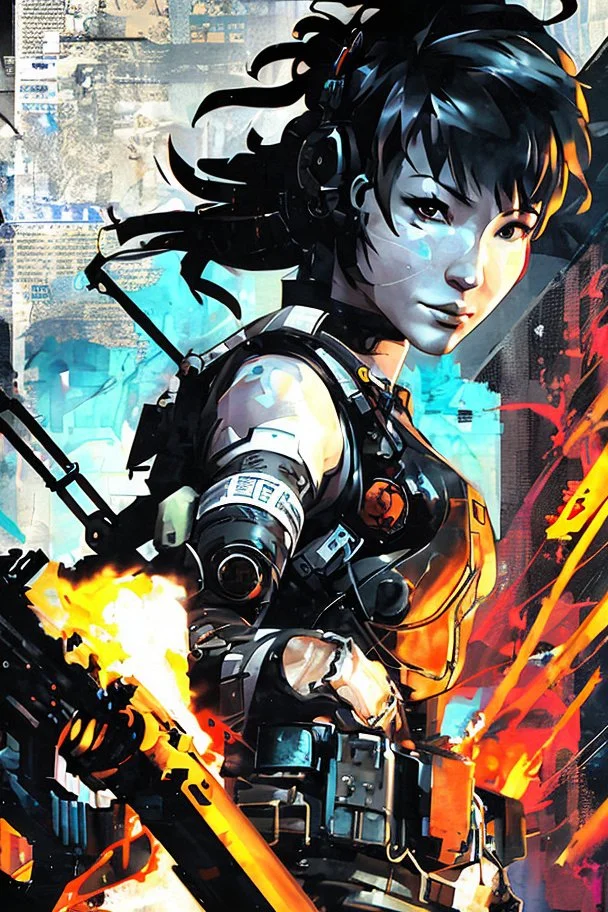 Tori Amos as a cyber punk mercenary girl , huge girl painting by Yoji Shinkawa and Katsushika Hokusai, highly detailed facial features, finely drawn and inked, 4k, symmetric