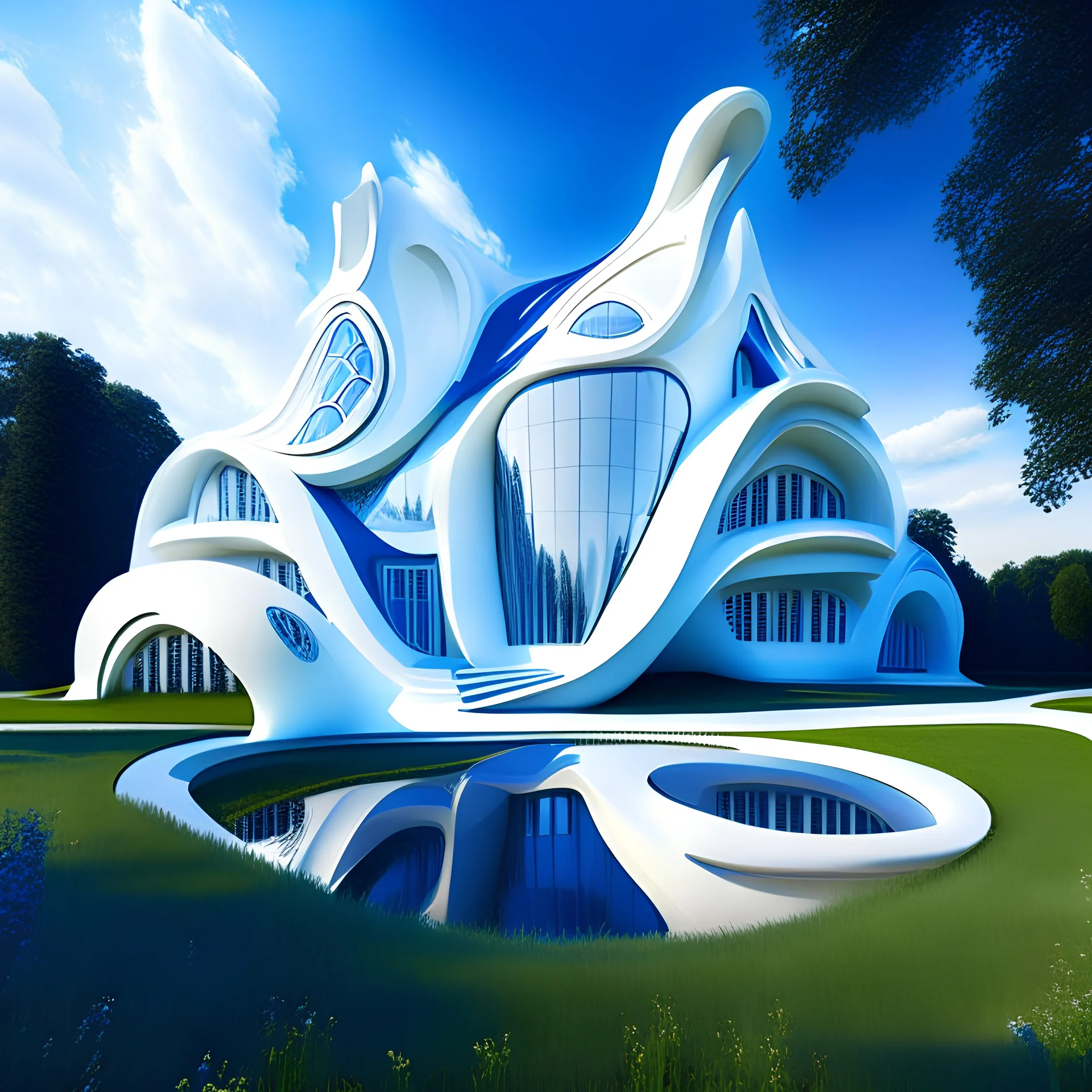 Casa campestre estilo Zaha Hadid obra de arte detallada color blanco crema y azul imperial arte digital impactante hiperrealista 8k