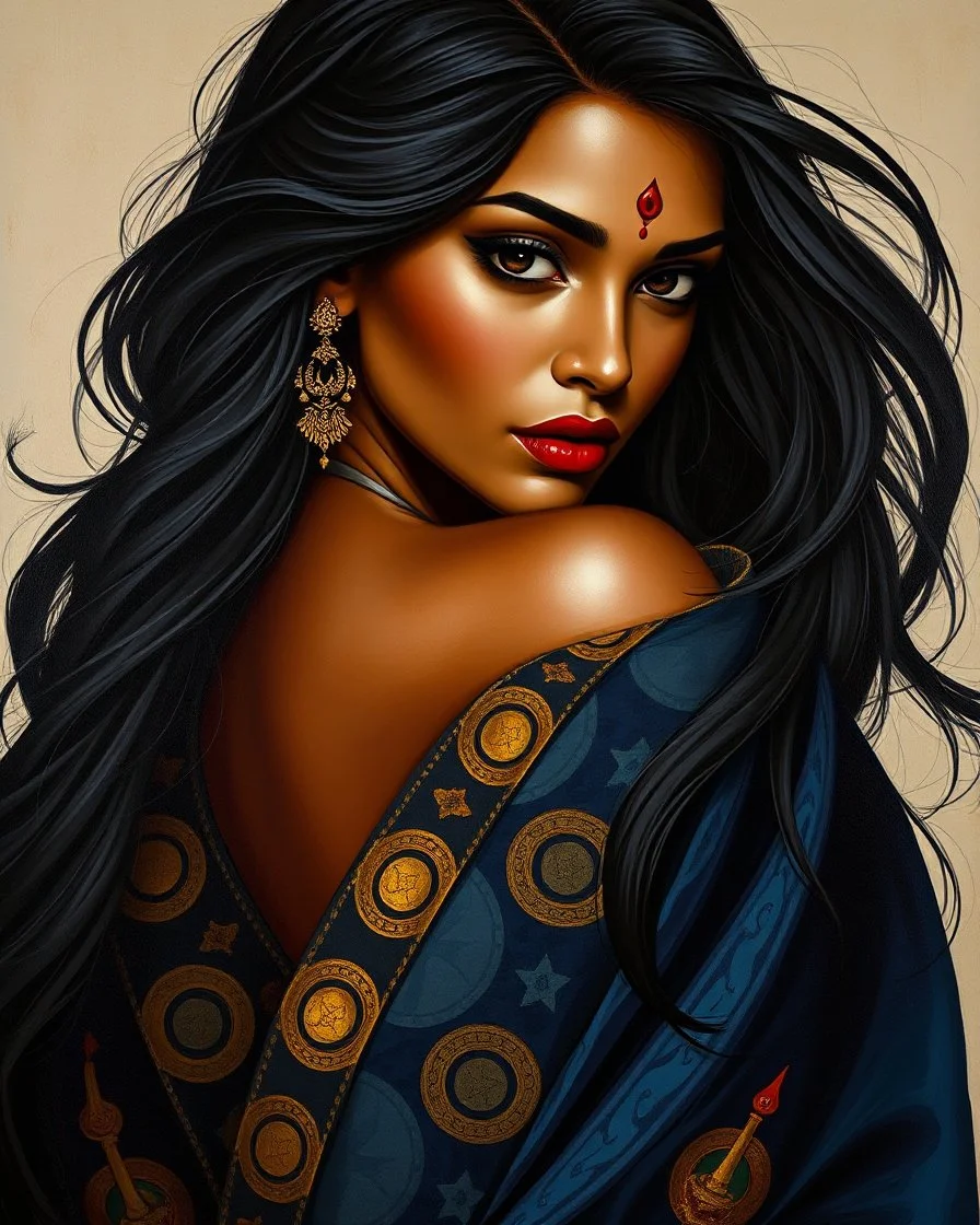 A painting in a highly stylized, cinematic art style depicts a beautiful woman with long, flowing dark hair and dark eyes, adorned with a red bindi on her forehead and red lipstick. She is wearing an elaborate robe composed of dark blue, blue, gray, and gold fabric with a pattern of gold circles and abstract shapes, including some red and orange elements. The woman is positioned with her right shoulder partially exposed, revealing a glimpse of her dark skin. Her dark hair cascades dramatically a