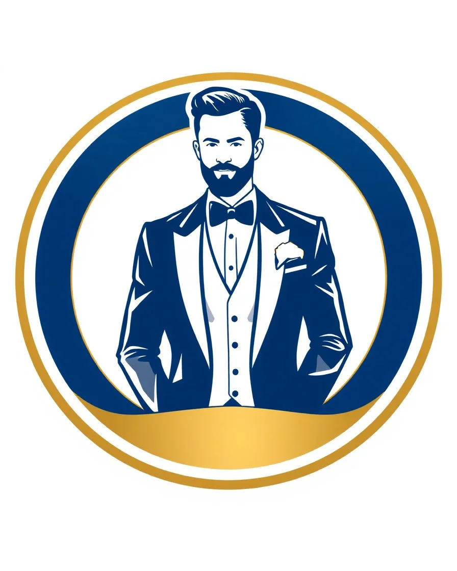 A circular logo with a vector of a groom in a formal suit at the top of the logo in a blue, red, white, gold, and silver color theme.