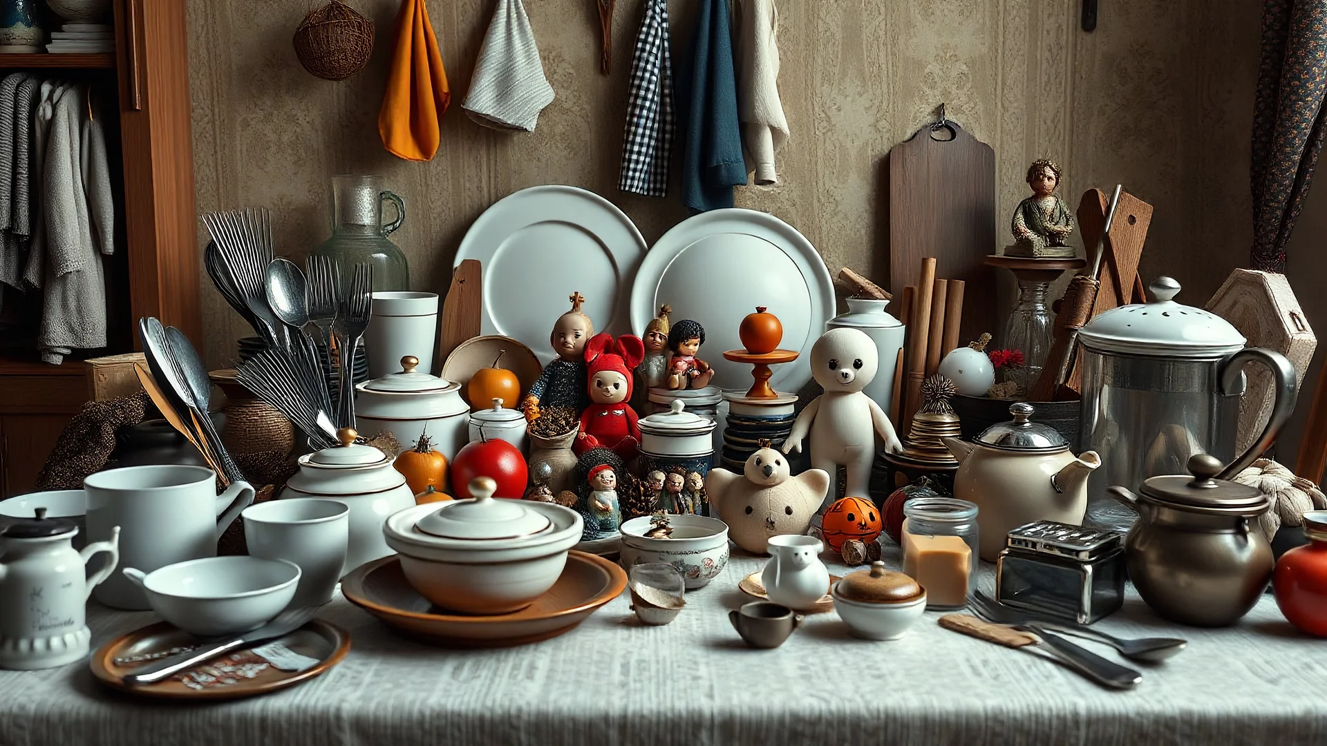 a collection of assorted household objects on a table, including cutlery, crockery, toys, clothes, ornaments, exquisite composition, beautiful detailed intricate insanely detailed octane render trending on artstation, 8k artistic photography, photorealistic concept art, soft natural volumetric cinematic perfect light, chiaroscuro, award-winning photograph, masterpiece, raphael, caravaggio, Alma Tadema, Bouguereau