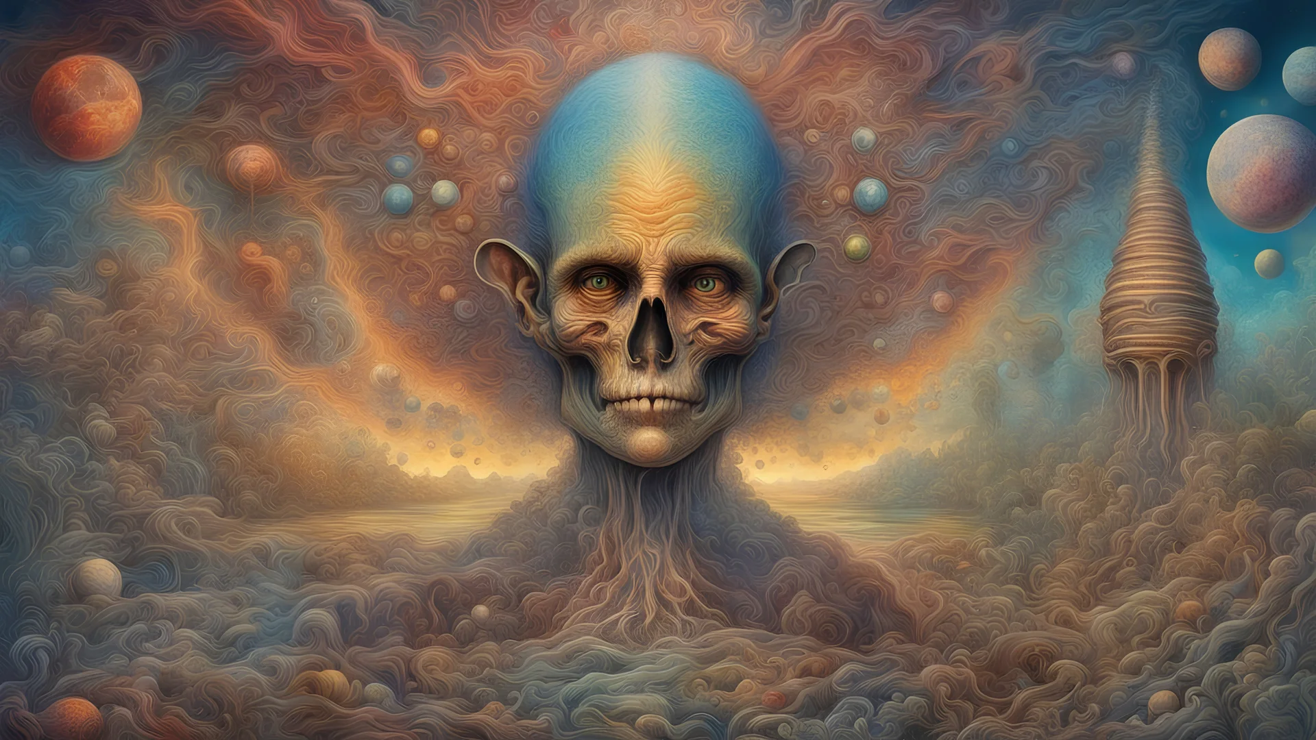 Evolution Of Human Consciousness || surreal masterpiece, in the styles of Otto Rapp and David A. Hardy and Paulo Cunha, psychedelic, DMT, mixed media, intricately detailed, expansive, sharp focus, cinematic lighting, vibrant colors, HDR, perfect