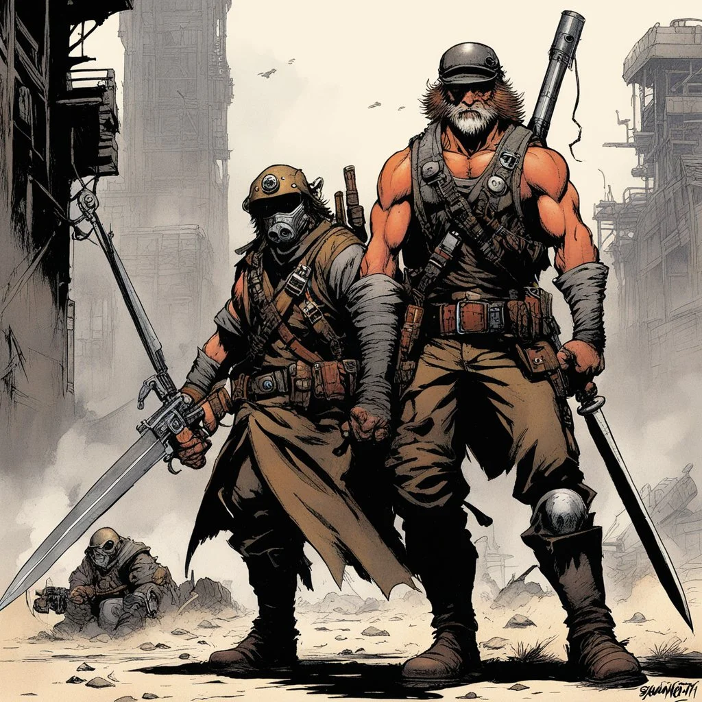 [squinch] ready to fight with post apocalyptic weapons: dusty and rusty [comic book art by Sam Keith and Bernie Wrightson]