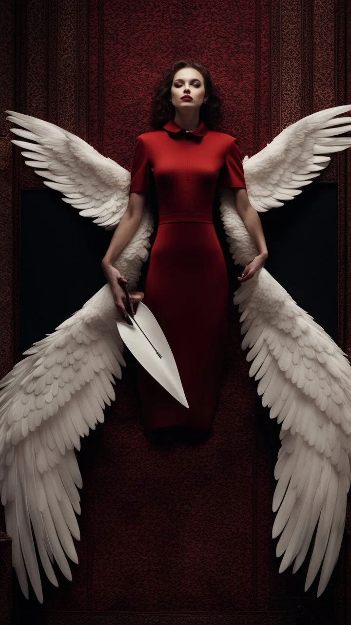 White wings, red dress, scissors. Above black and luxurious carpet. Cinematic picture from above