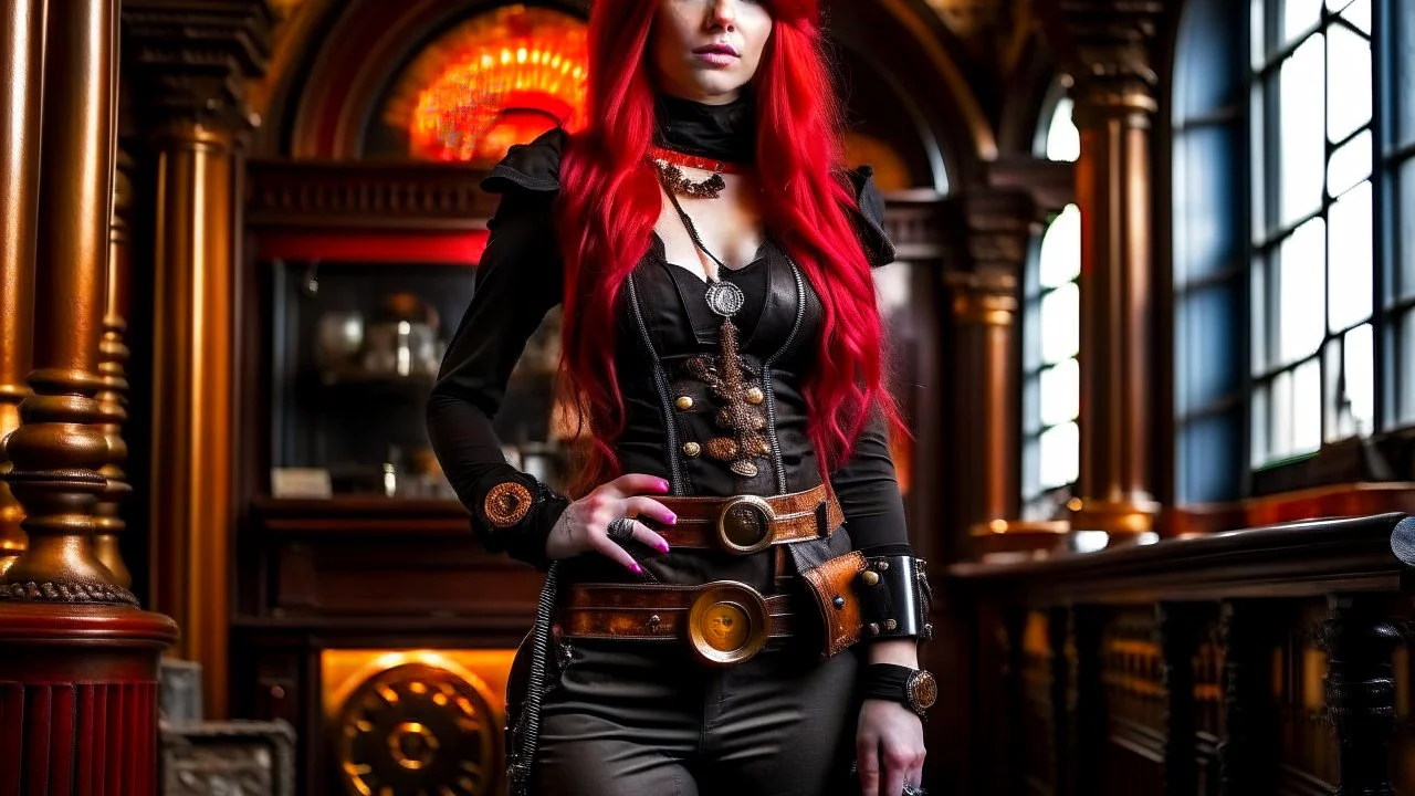 full body and headshot of a skinny Cleopatra, with long straight red hair, dressed as an assassin standing in a steampunk setting.