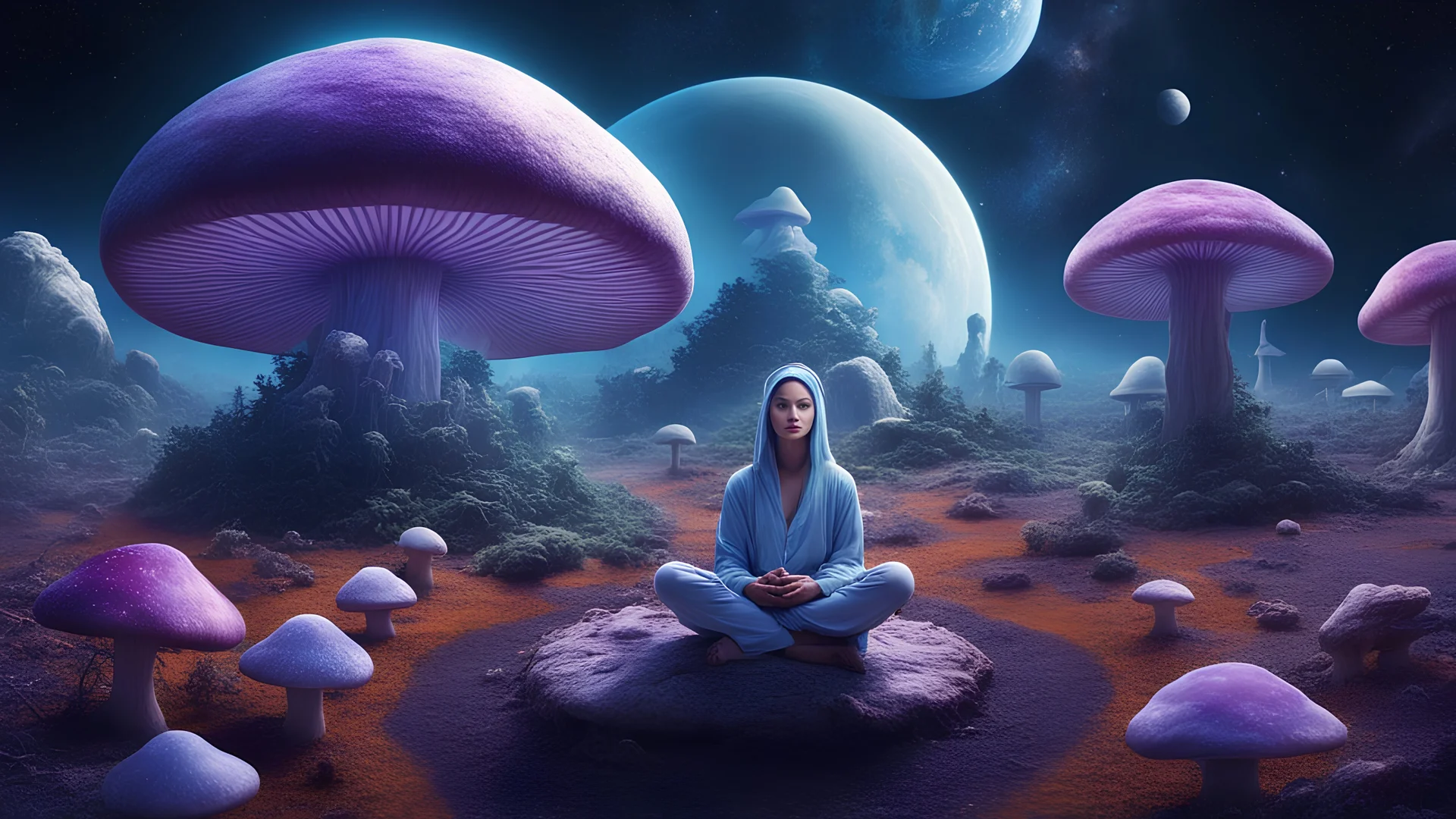 beautiful women sitting without bro meditating on blue, purple mushroom in space, vegetable plantations in domes, colonization of the planet,