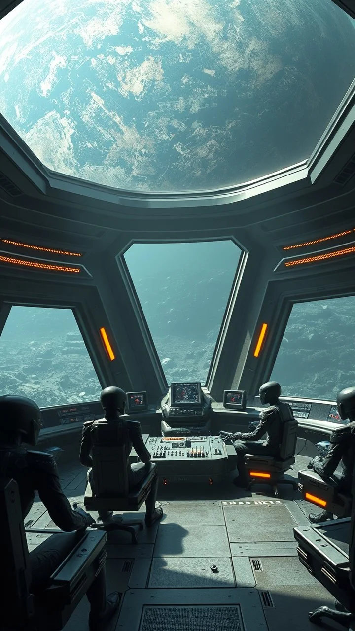 A centering dynamic view action of an alien spaceship control room with huge windows looking at planet Earth led by aliens sitting and monitoring earth war activities showcasing the fusion of sigma and Neumorphic elements, depicting a fully fantasy . Stance on black mechtech battlefields abandone Dojo.
