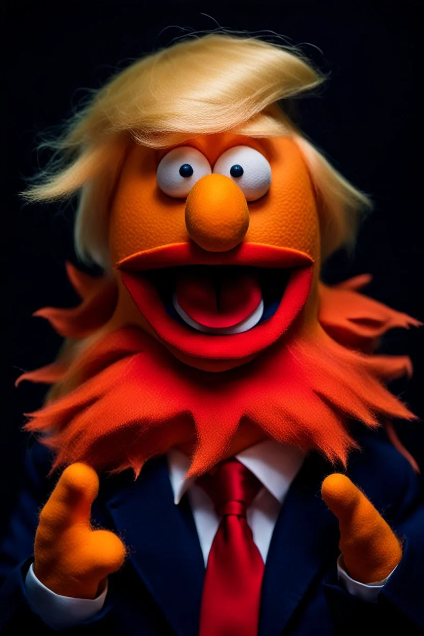 a Film Photograph of a realistic angry orange Donald Trump Muppet made of felt and fur wearing a dark blue suit and red tie and with blonde hair combover, he is old and angry with a round mouth