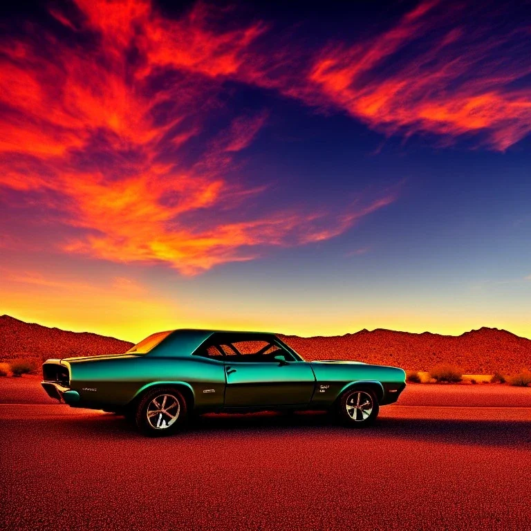 muscle car, desert road, sunset, full colour,