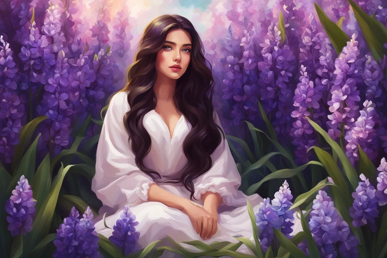 A beautiful girl is sitting surrounded by full of hyacinth flowers, long dark hair, shining eyes, digital painting style, high quality, 4k, correct body structure, correct face