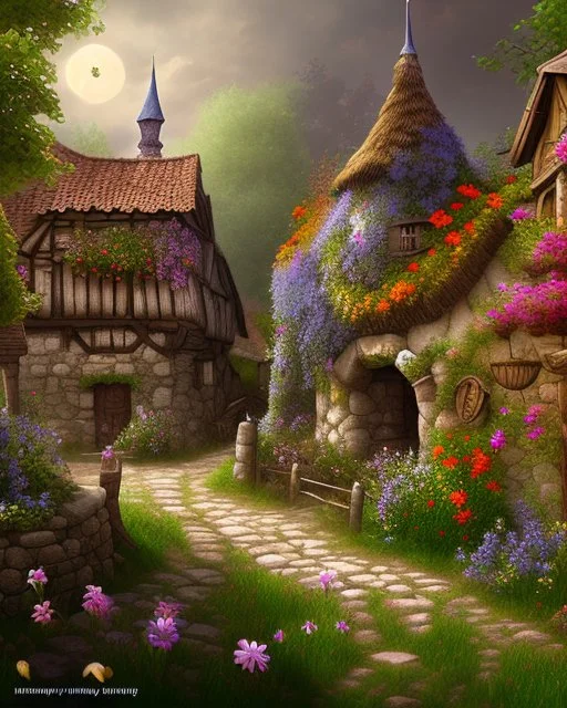 medieval fantasy village with flowers rpg art painterly