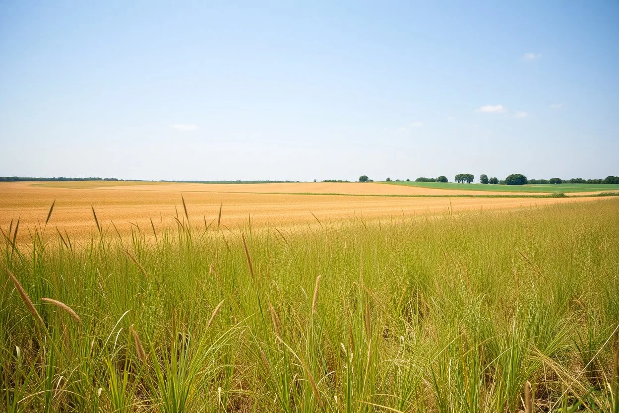 a wild grass clearing next to an ideal farm field, sunny day, product photo setting, mid-level horizon