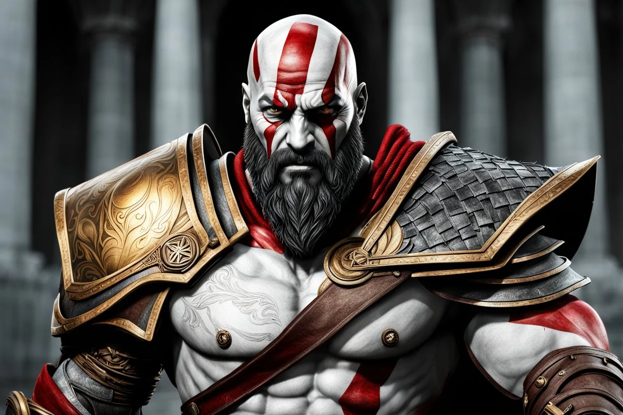 Kratos in 8k sci-art drawing style, ghost of Sparta custom, highly detailed, high details, detailed portrait, masterpiece,ultra detailed, ultra quality