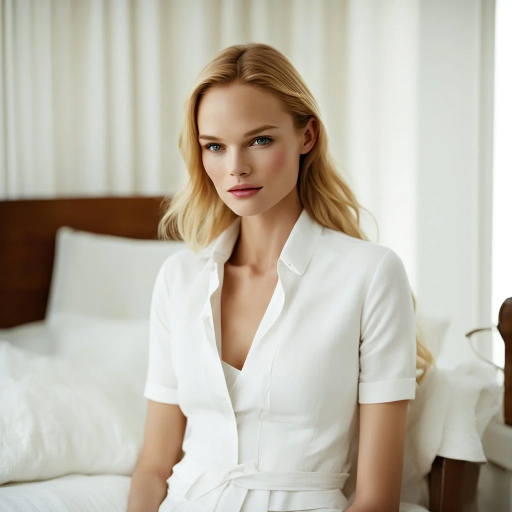 she is a sloggy model in the apartment, in her cut white cotton sloggy, she looks like Kate Bosworth