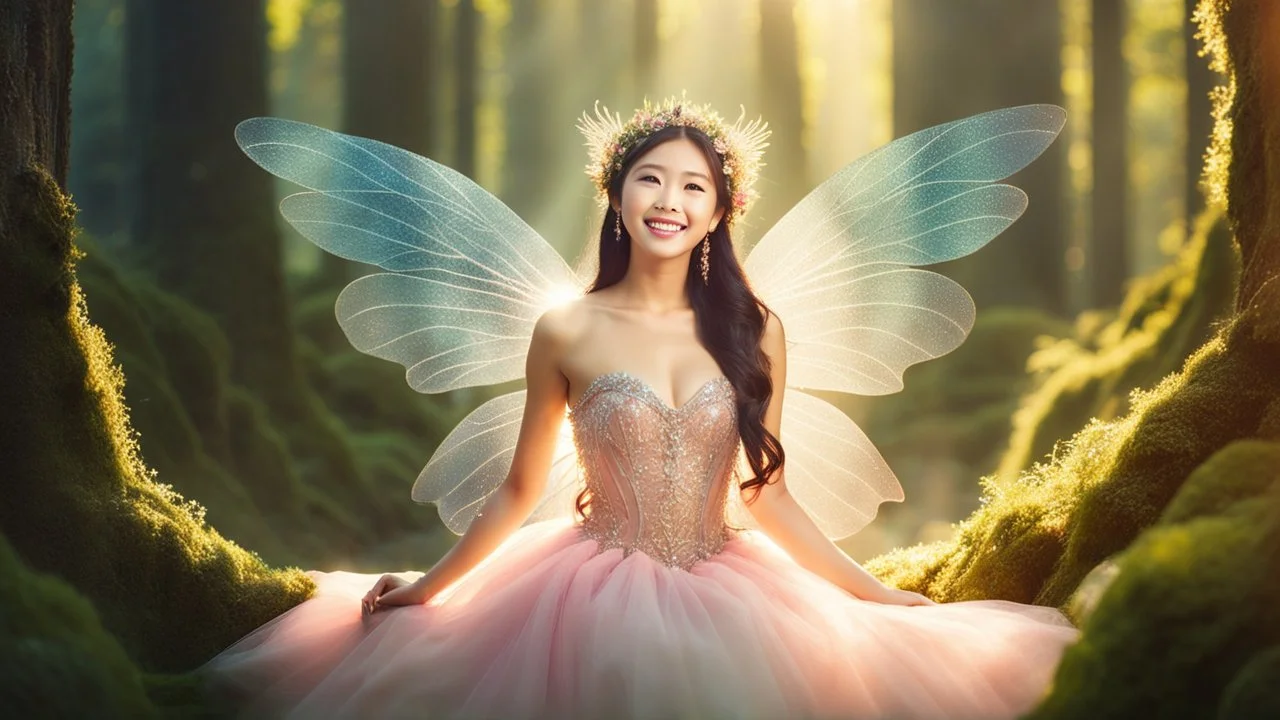 A gorgeous smiling Asian model in a fairy outfit with great glittering wings in a magic forest with 1000 y/o trees, a small torrent, sun rays through the branches, particles in the air at dawn